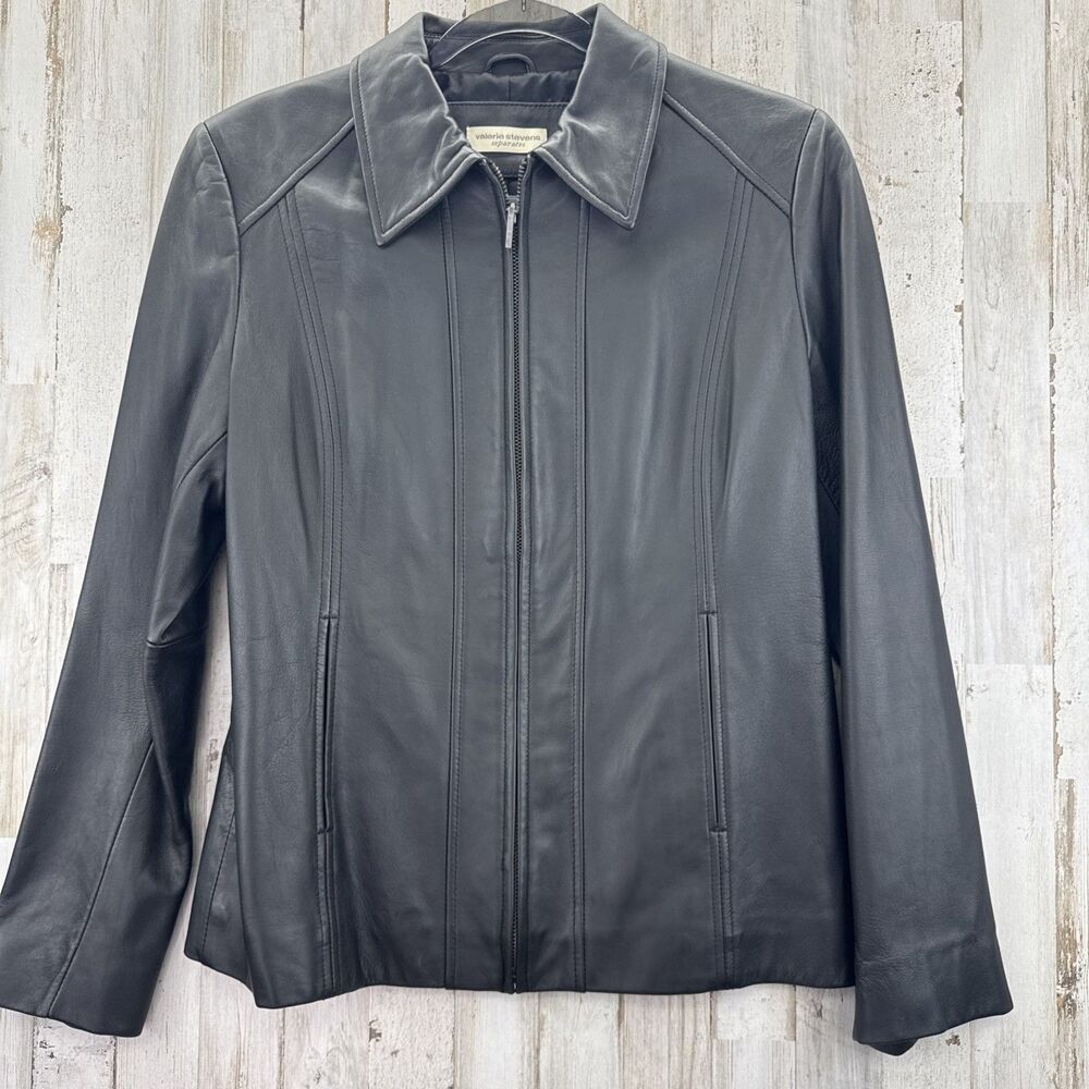 Valerie Stevens Black Genuine Lamb Leather Full Zip Collared Jacket Sz S Vintage